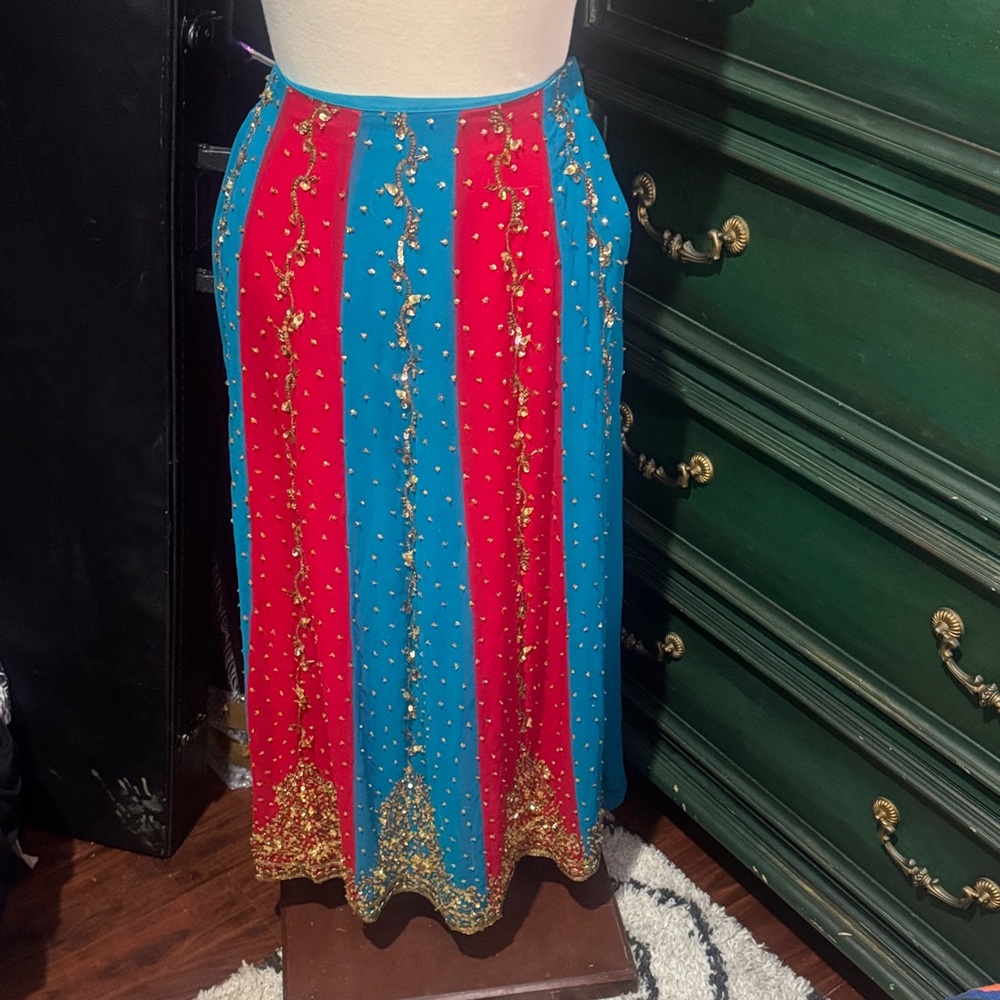Beaded Striped Midi Skirt — Blue & Red